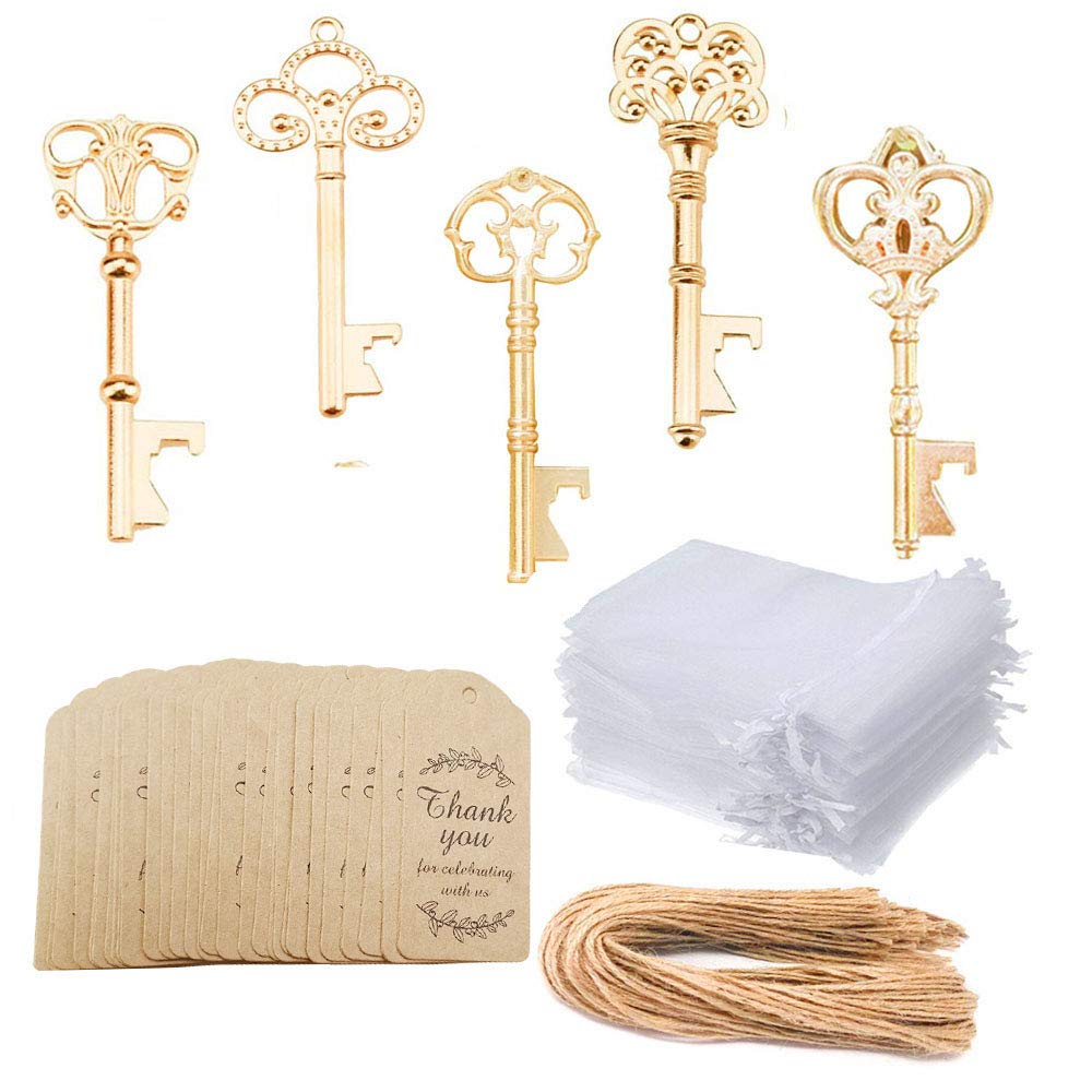 Awtlife 50 Pcs KC Gold Skeleton Key Bottle Opener 5 Style with Tag Cards Sheer Bag for Wedding Party Favors Christmas