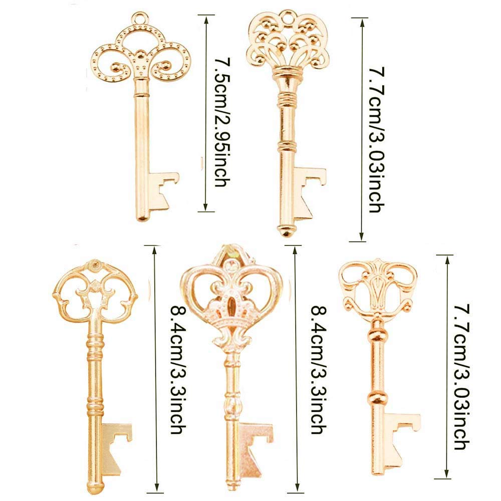 Awtlife 50 Pcs KC Gold Skeleton Key Bottle Opener 5 Style with Tag Cards Sheer Bag for Wedding Party Favors Christmas