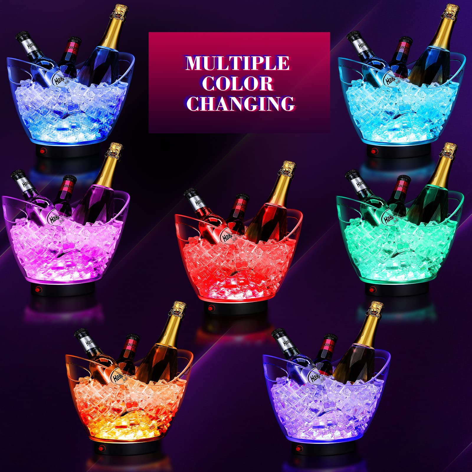 LED Ice Buckets 5L Clear Plastic Ice Bucket Large Capacity Light Ice Bucket RGB Colorful LED Cooler Bucket Champagne Wine Ice Beer Buckets with Lights for Party Home Bar Club (6 Pcs)