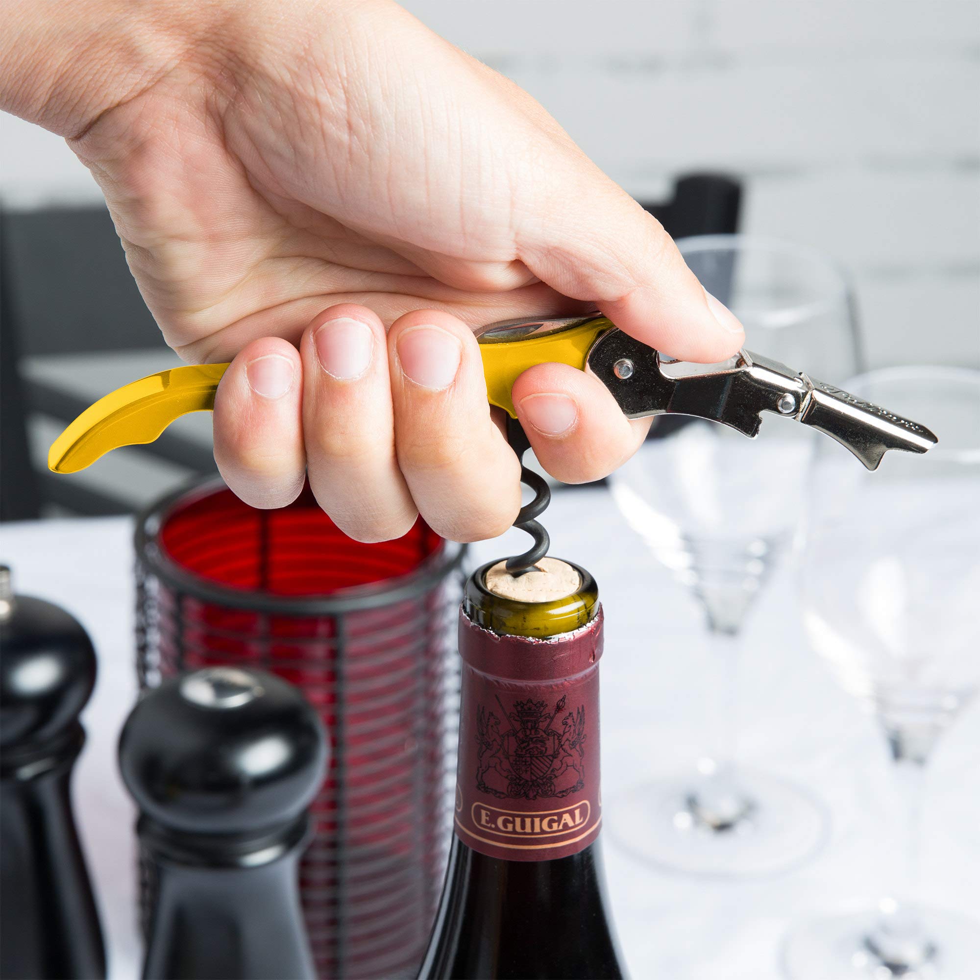 Pulltap's Double-Hinged Waiters Corkscrew, Wine Opener and Foil Cutter, Beer Bottle Opener, Yellow