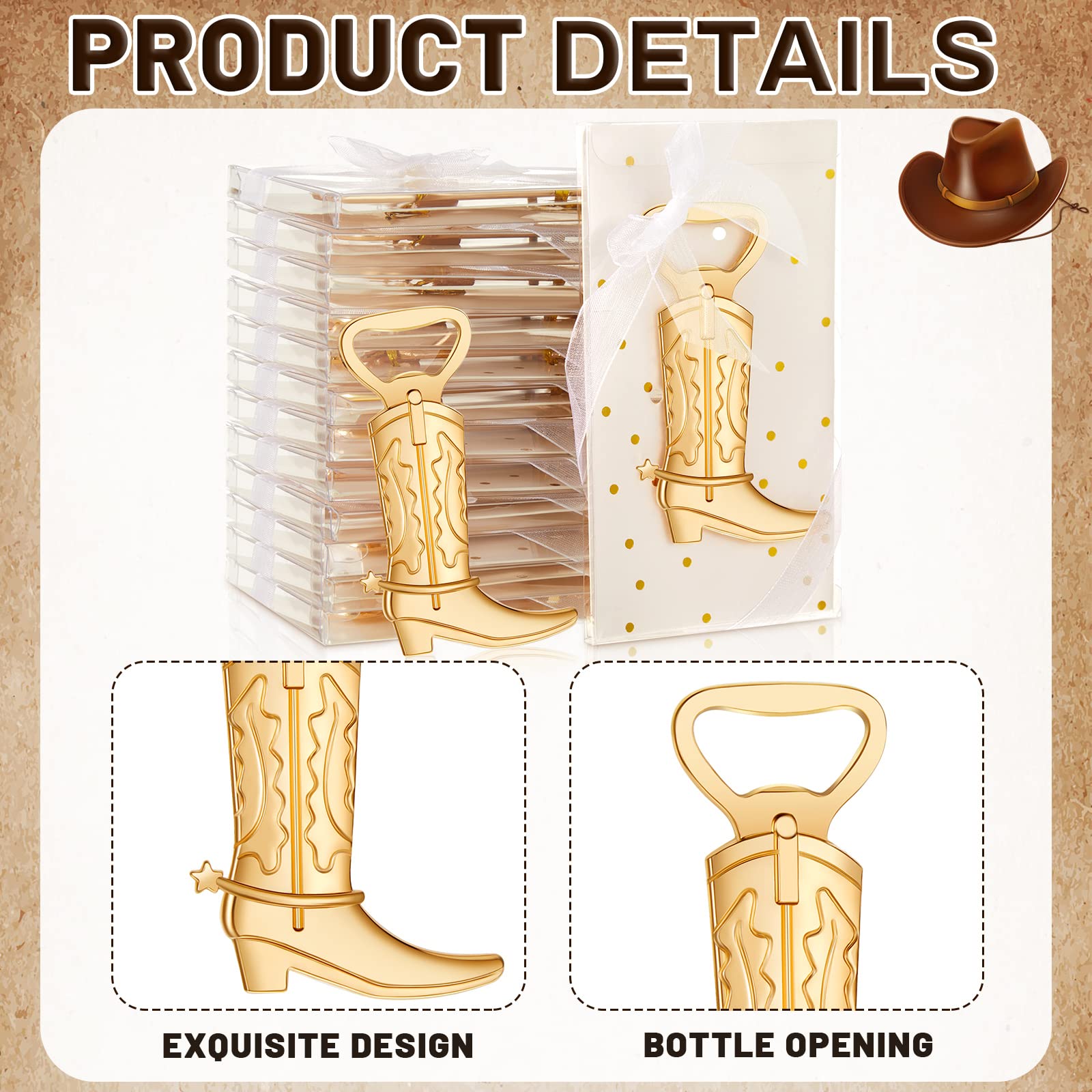 36 Pieces Cowboy Boot Bottle Openers Baby Shower Bottle Opener Favors for Guest Bridal Shower Party Bottle Opener Gifts for Baby Shower Wedding Birthday Party Favor Decoration Supplies (Gold)