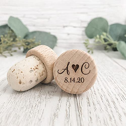 Customized Wood Wine Stopper - Love Heart Groom and Bride Initials Wedding party Favor decor Personalized Bottle Cork Toppers with laser design name gift for guest,custom,10PCS