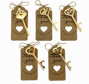 50pcs skeleton key bottle opener bridal shower wedding party favor souvenir gift with escort tag and jute rope(golden)