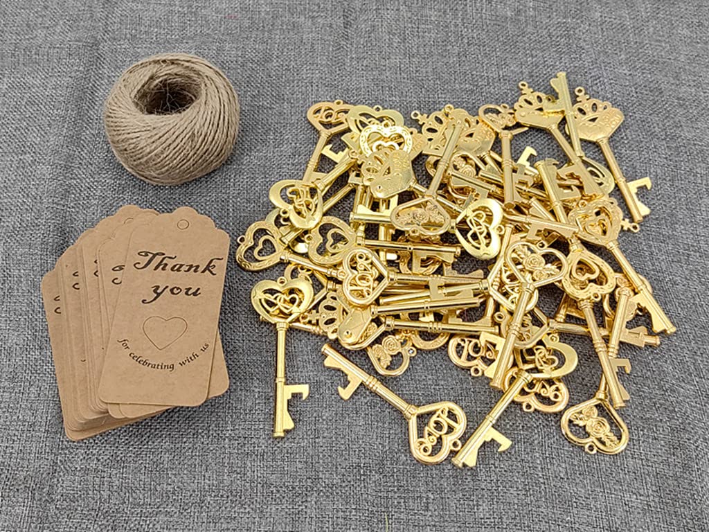 50pcs Skeleton Key Bottle Opener Bridal Shower Wedding Party Favor Souvenir Gift with Escort Tag and Jute Rope(Golden)