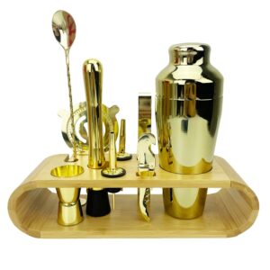 mixology cocktail shaker set drink mixer, 11piece bartender kit professional stainless steel bar tool drink shakers with bamboo stand bar accessories - gold…