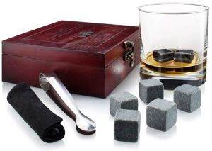gift set of 8 whiskey chilling stones [chill rocks] - in premium wooden gift box with stainless steel tongs and velvet carrying pouch - made of pure soapstone - by quiseen