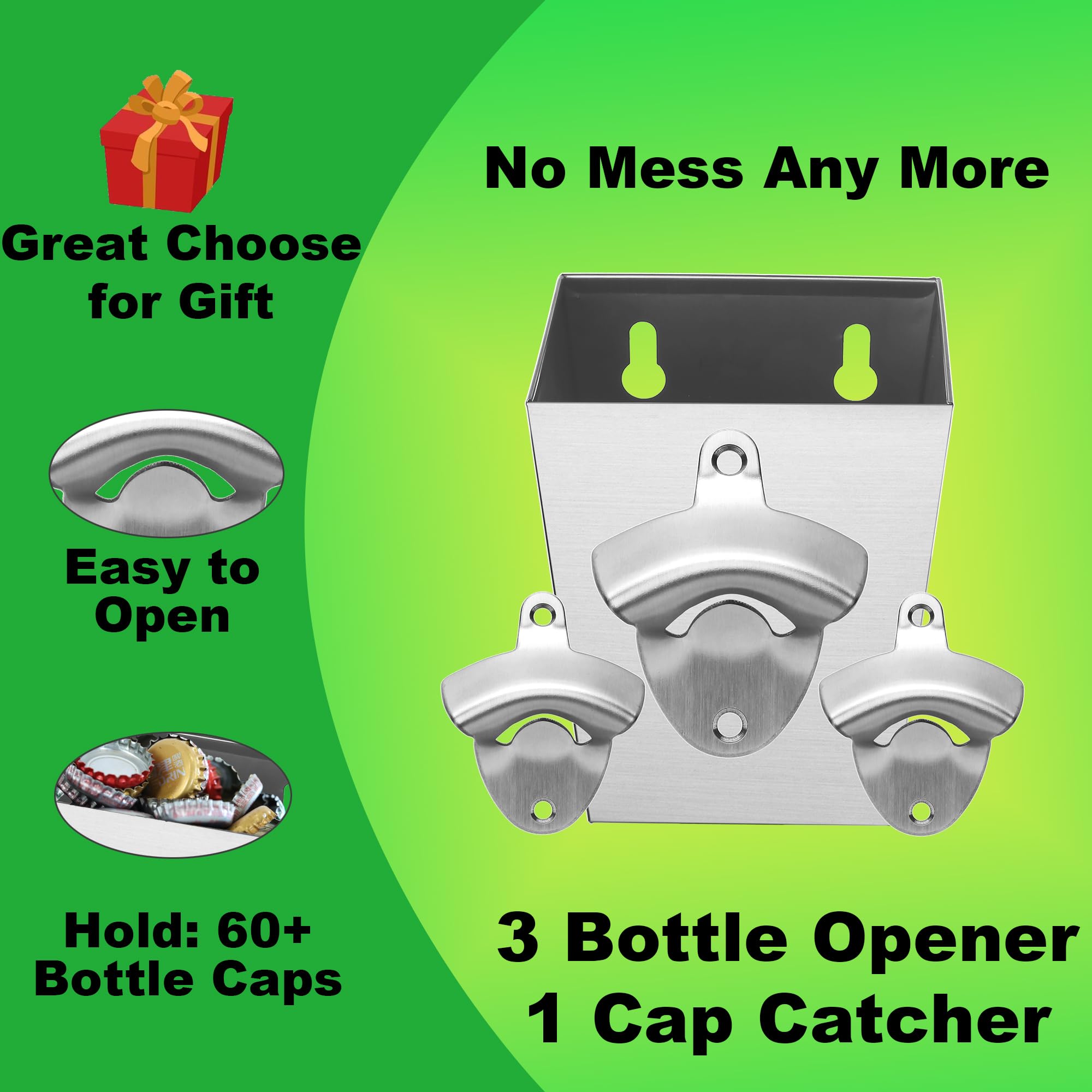 Jumiok Stainless Steel Bottle Cap Opener Wall Mounted Beer Bottle Opener with Cap Catcher Narrow Bundle (3 Openers and 1 Bin)