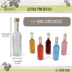 G Francis Fillable Alcohol Mini Liquor Bottles Bulk 50pk - 50ml (1.7oz) Small Liquor Bottles for Party Favors, Mini Hot Sauce Bottles - Glass Juice Shot Bottles with Caps, Empty Bottles for Liquor