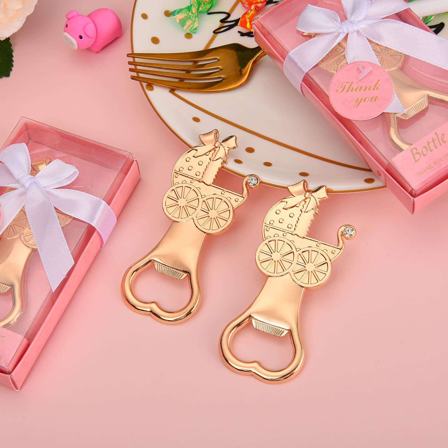 24 Pieces/packs Pink Baby Carriage Shaped Bottle Openers，Girl or Boy Baby Shower Favors, Gifts or Decorations for Guests with Gift Boxes Party Return Souvenirs Giveaways Bulk