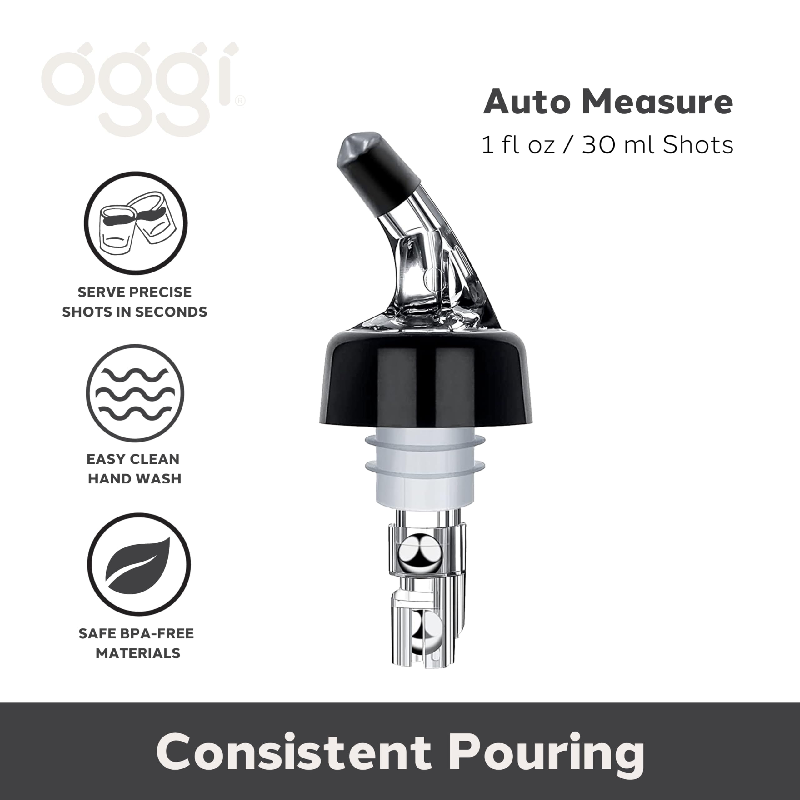 OGGI Automatic Measured Bottle Pourer Spout - Bottle Pourer Liquor Bottle Pourers Bottle Jigger Quick Shot Spirit Measure Pourer, 1 oz/ 30 ml (Clear, Black)