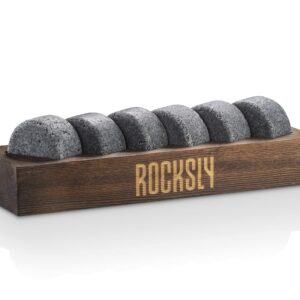 ROCKSLY Whiskey Stones Gift Set for Men | Whiskey Rocks Chilling Stones Set of 6 | Reusable Ice Cubes Chilling Rocks in a Wood Tray for Whiskey Lovers,Christmas, Men, Dad, Boyfriend