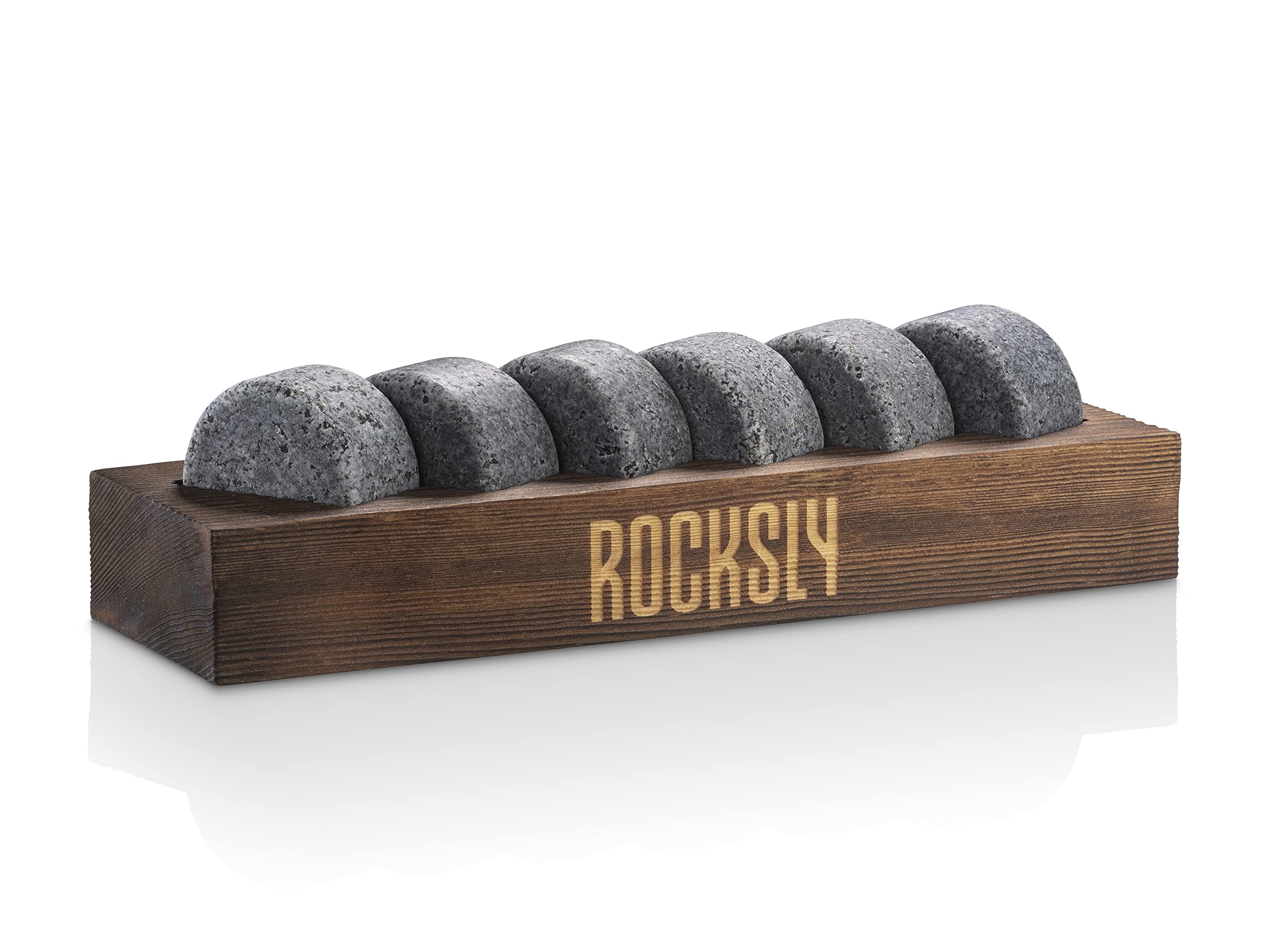 ROCKSLY Whiskey Stones Gift Set for Men | Whiskey Rocks Chilling Stones Set of 6 | Reusable Ice Cubes Chilling Rocks in a Wood Tray for Whiskey Lovers,Christmas, Men, Dad, Boyfriend