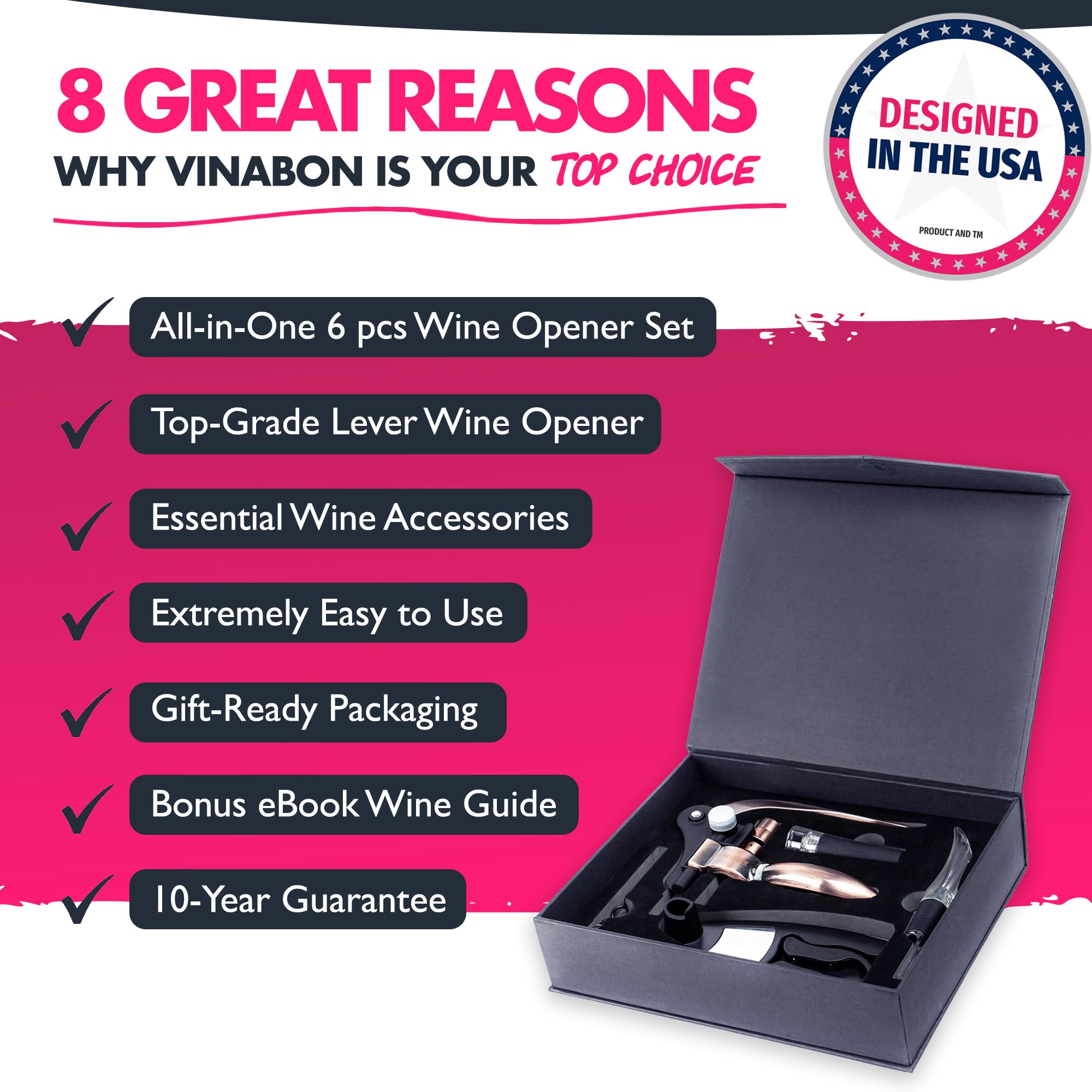 VINABON Wine Opener Set - Premium All-in-One 6pcs Wine Bottle Opener Set with Wine Aerator, Foil Cutter, Stopper, Stand - Manual Lever Corkscrews Wine Opener for Wine Bottles with WineGuide eBook