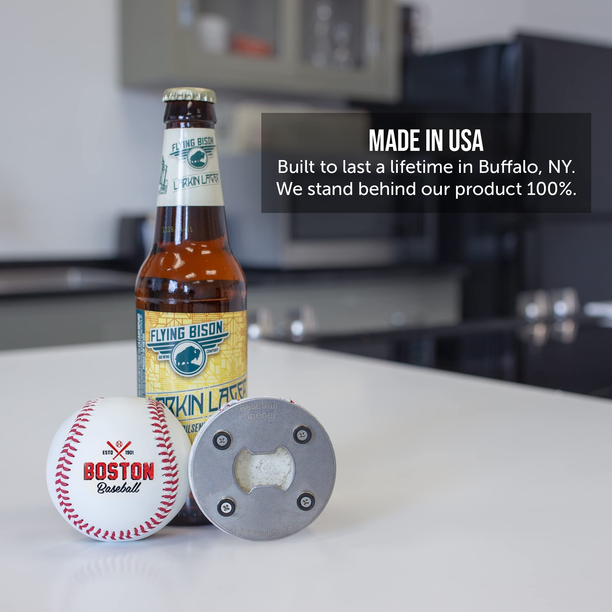 Buffalo BottleCraft Boston Bottle Opener, Made from a real Baseball, The BaseballOpener, Cap Catcher, Fridge Magnet