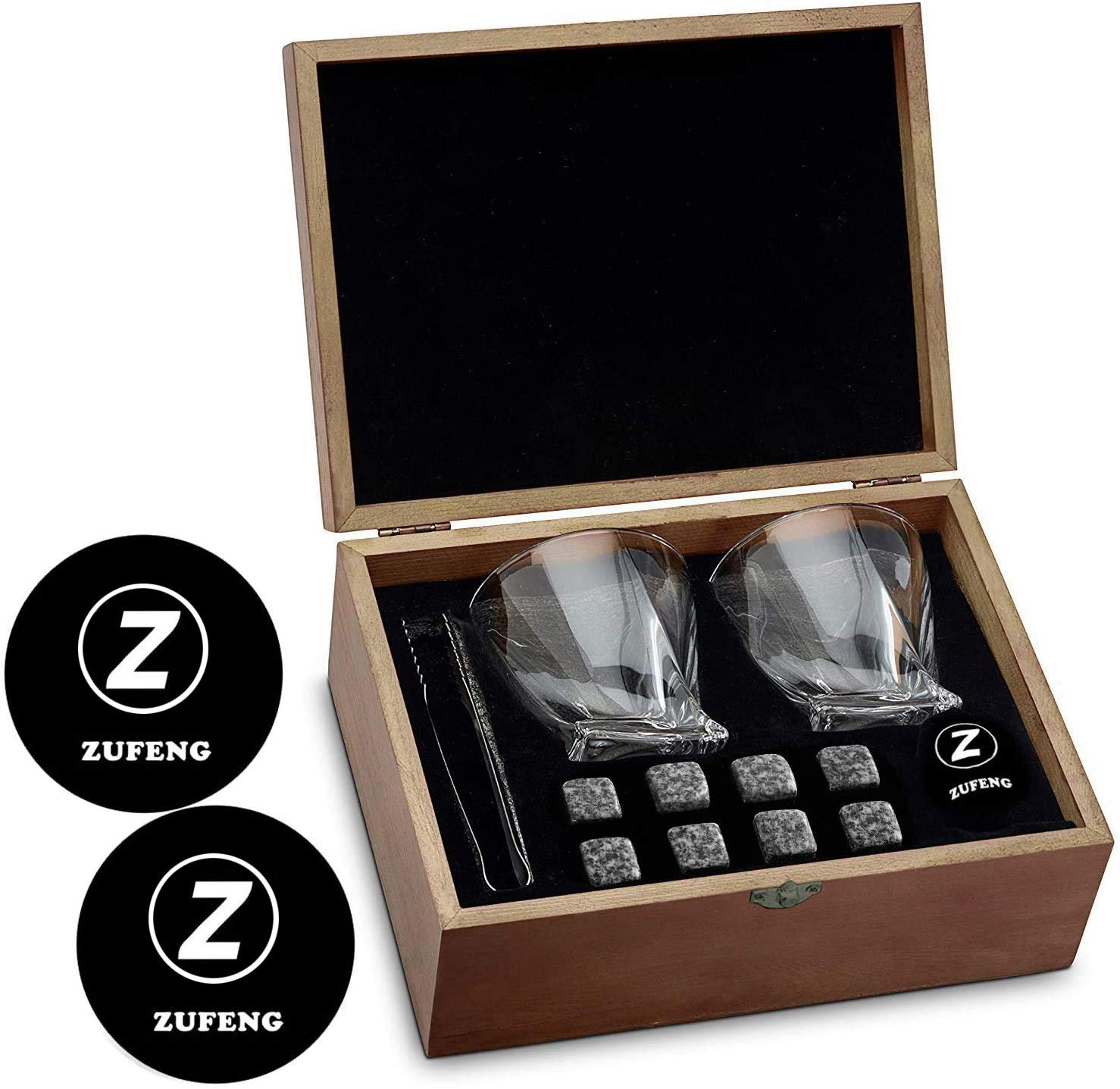 Whiskey Stones and Whiskey Glass Gift Boxed Set - 8 Granite Chilling Whisky Rocks + 2 Large 11 oz Crystal Glasses in Wooden Box - Great Gift for Dad's Birthday or Anytime For Dad/Father/husband bro