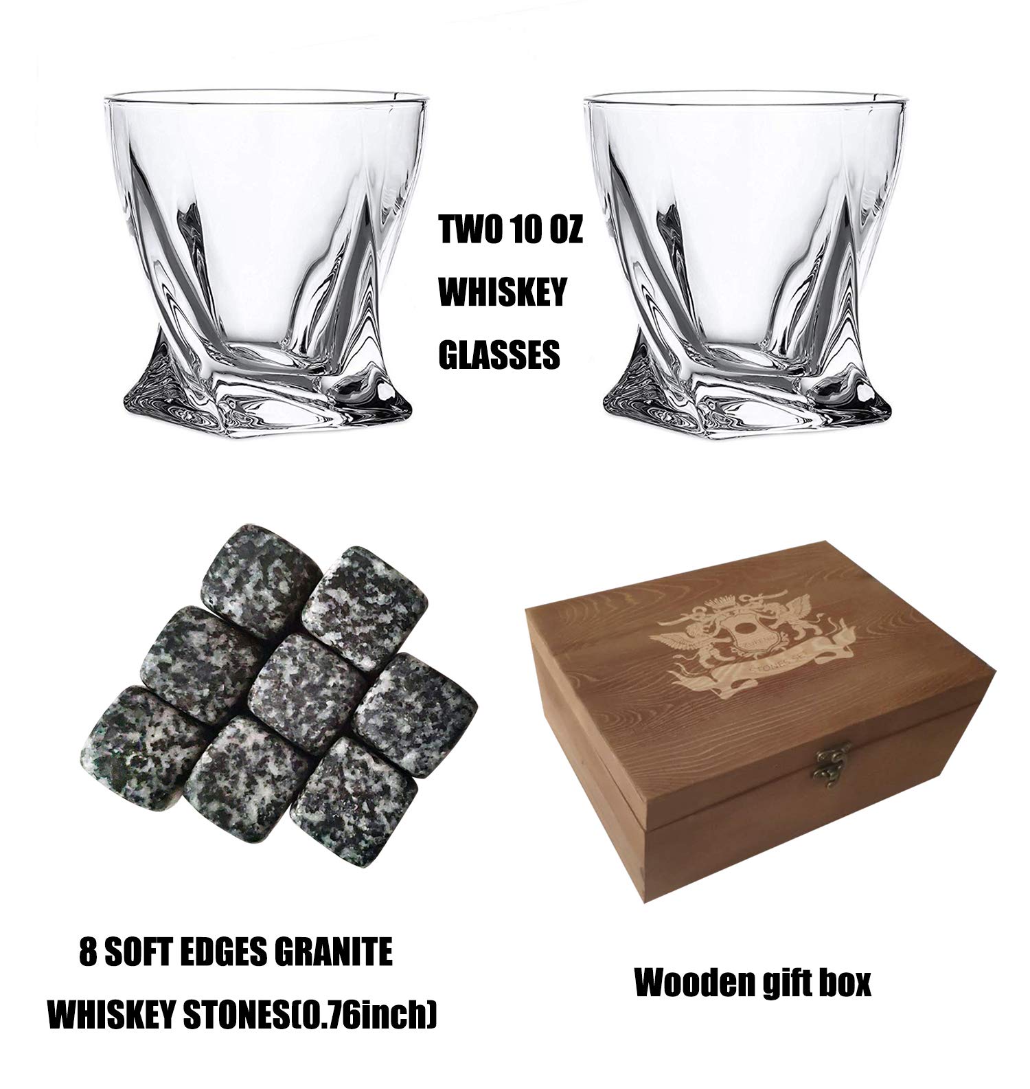 Whiskey Stones and Whiskey Glass Gift Boxed Set - 8 Granite Chilling Whisky Rocks + 2 Large 11 oz Crystal Glasses in Wooden Box - Great Gift for Dad's Birthday or Anytime For Dad/Father/husband bro