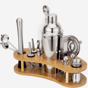 sunpin cocktail shaker bartender kit with bamboo stand, muddler for cocktails bar kit,24 oz stainless steel martini shaker, drink mixer,16-piece bar set cocktail shaker set