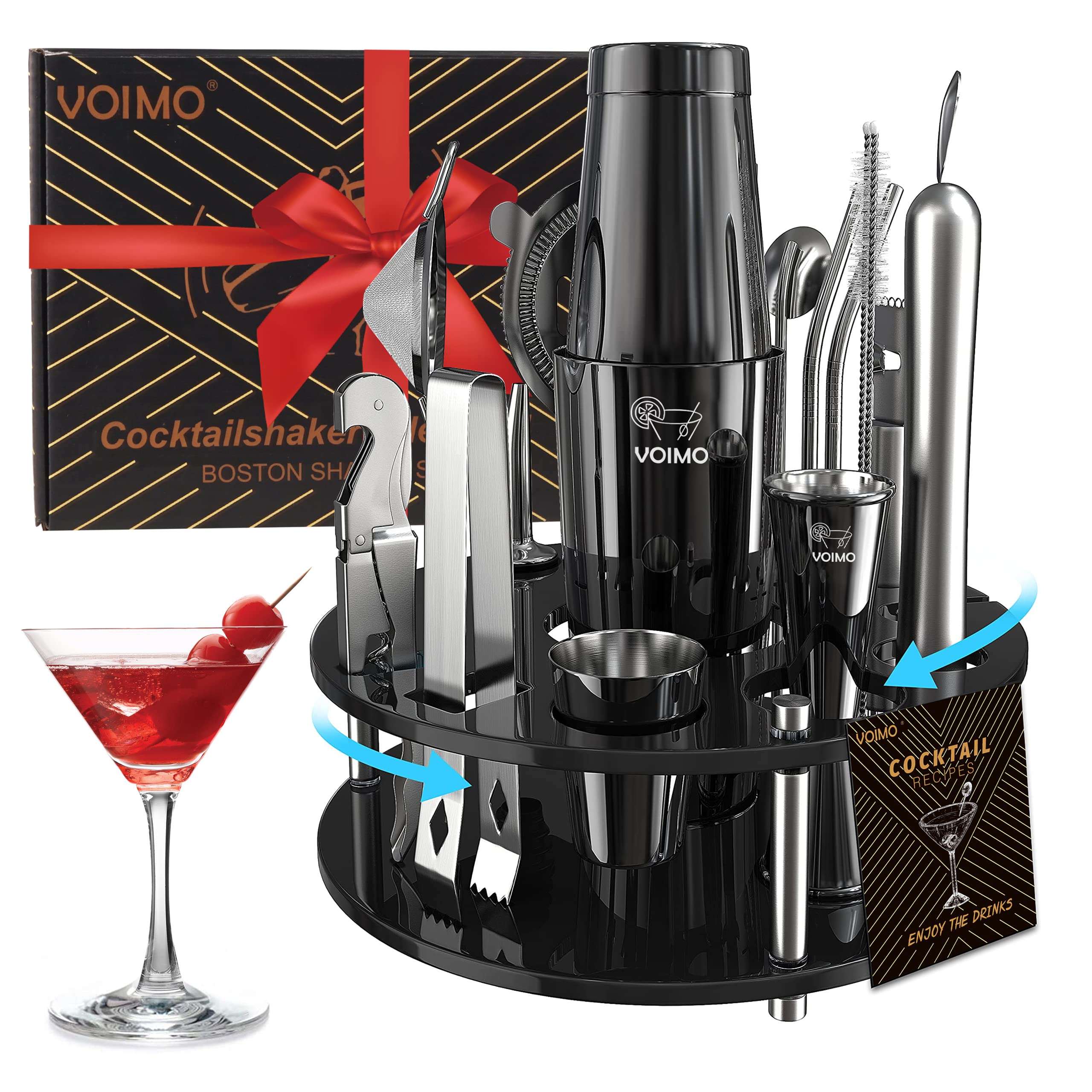 Bartender Kit Cocktail Set, VOIMO Stainless Steel Premium Cocktail Shaker Set Boston Shaker, 22 Piece Bar Tools Set with Better Acrylic Stand, Cocktail Gift Set for Holiday Day, Home or Bar