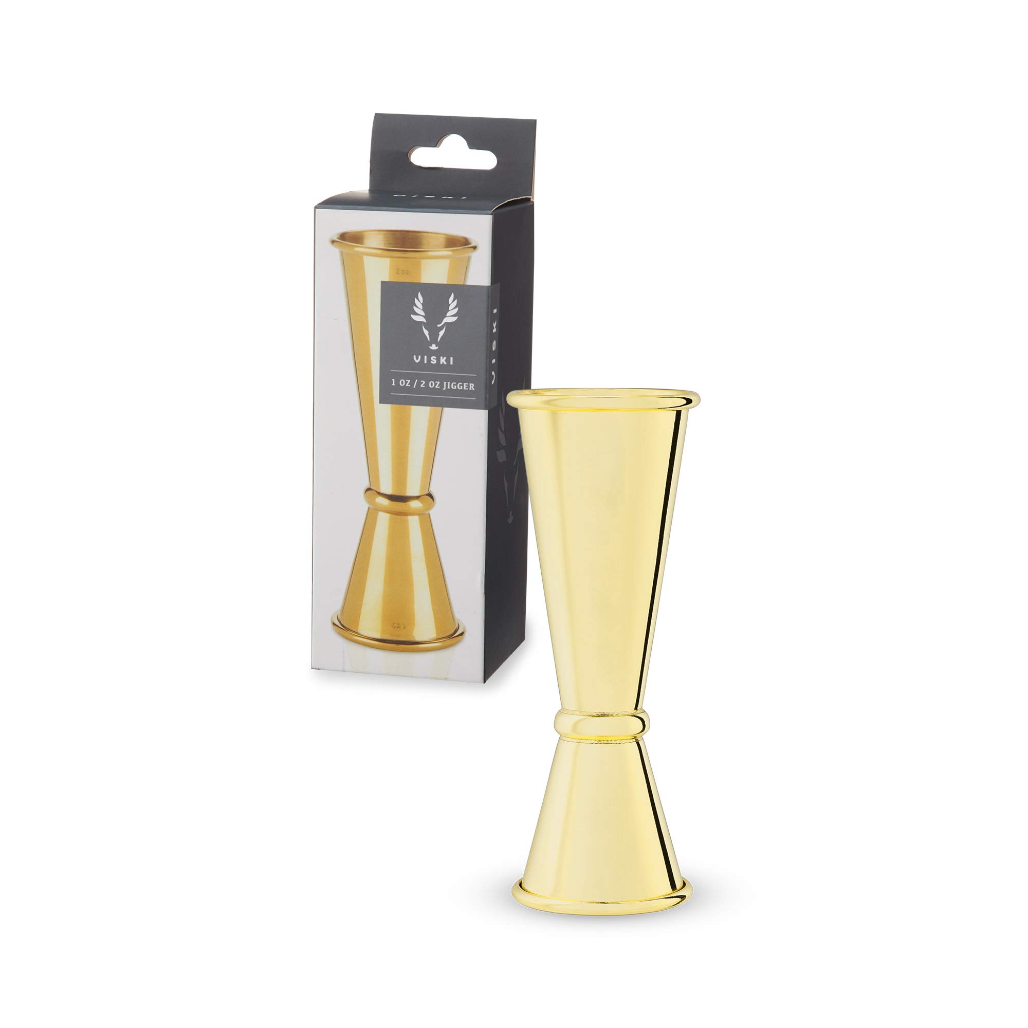 Viski Japanese Style Double Jigger for Cocktails, Bar Kit Essential, 1oz and 2oz with Interior Measurements, Gold