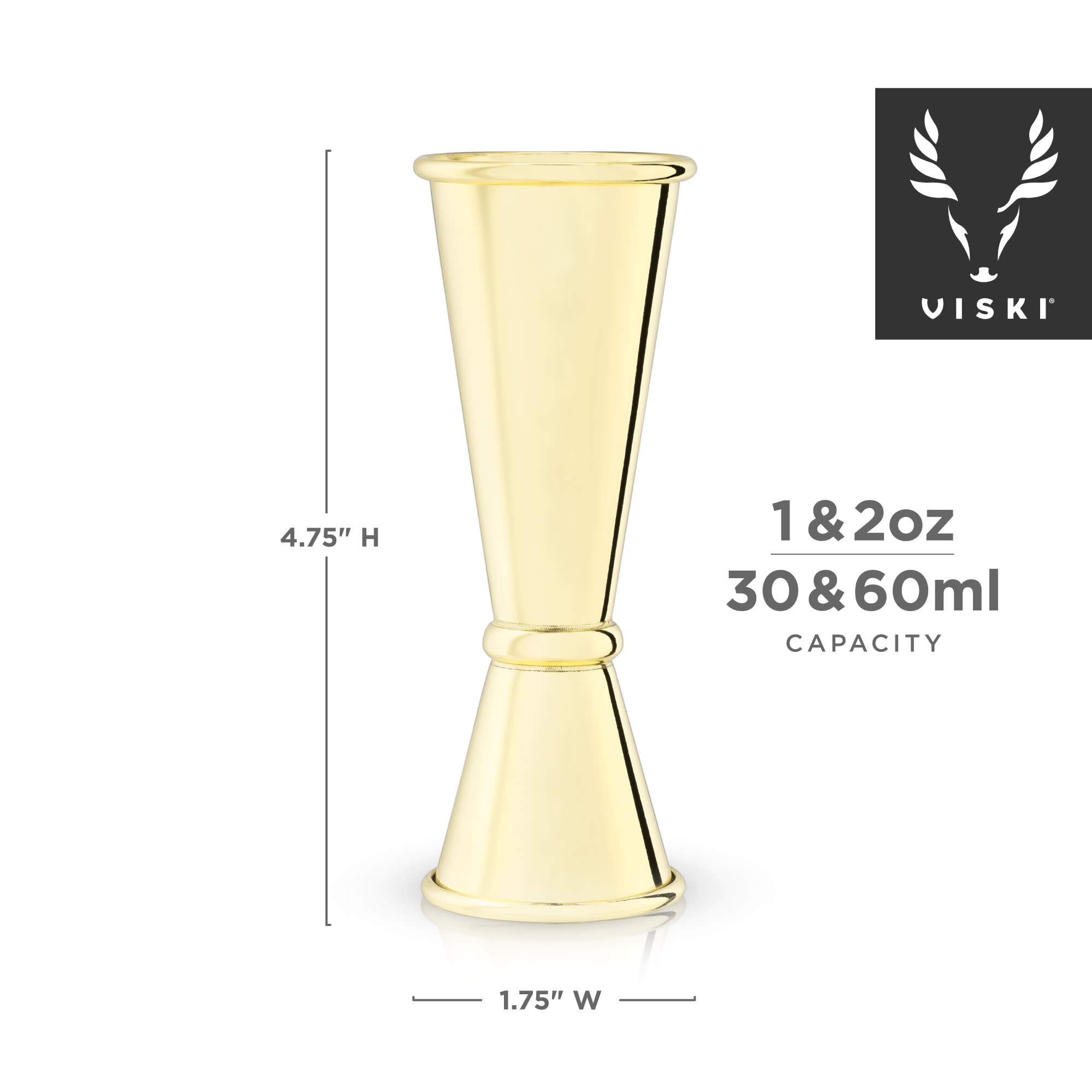 Viski Japanese Style Double Jigger for Cocktails, Bar Kit Essential, 1oz and 2oz with Interior Measurements, Gold