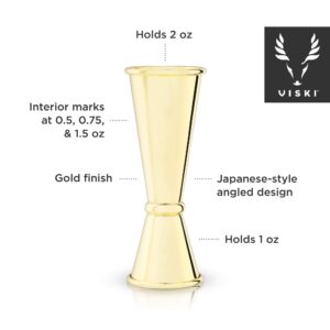 Viski Japanese Style Double Jigger for Cocktails, Bar Kit Essential, 1oz and 2oz with Interior Measurements, Gold