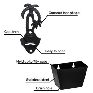 Luwanburg Outdoor Palm Tree Cast Iron Beer Bottle Opener Wall Mounted with Cap Catcher Black for Beach Theme Party