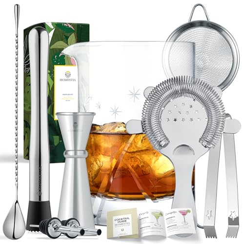 Homestia Cocktail Mixing Glass Set Crystal Barware, Full Bar Set Drink Kit 9 PCS: 24oz Bar Mixing Glass, 10" Bar Muddler, Jigger, 12" Stirring Spoon, Cocktail Strainers, Bottle Pourers, Ice Tong