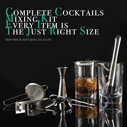 Homestia Cocktail Mixing Glass Set Crystal Barware, Full Bar Set Drink Kit 9 PCS: 24oz Bar Mixing Glass, 10" Bar Muddler, Jigger, 12" Stirring Spoon, Cocktail Strainers, Bottle Pourers, Ice Tong