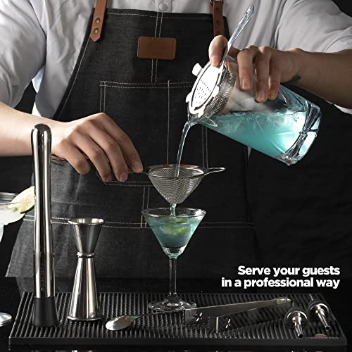 Homestia Cocktail Mixing Glass Set Crystal Barware, Full Bar Set Drink Kit 9 PCS: 24oz Bar Mixing Glass, 10" Bar Muddler, Jigger, 12" Stirring Spoon, Cocktail Strainers, Bottle Pourers, Ice Tong