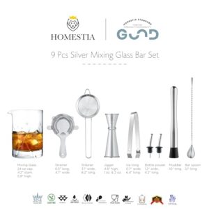 Homestia Cocktail Mixing Glass Set Crystal Barware, Full Bar Set Drink Kit 9 PCS: 24oz Bar Mixing Glass, 10" Bar Muddler, Jigger, 12" Stirring Spoon, Cocktail Strainers, Bottle Pourers, Ice Tong