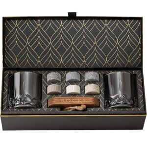 whiskey chilling stones gift set - 6 handcrafted premium granite round sipping rocks - 2 crystal glass tumblers - hardwood presentation & storage tray - elegant gold foil gift box by r.o.c.k.s.