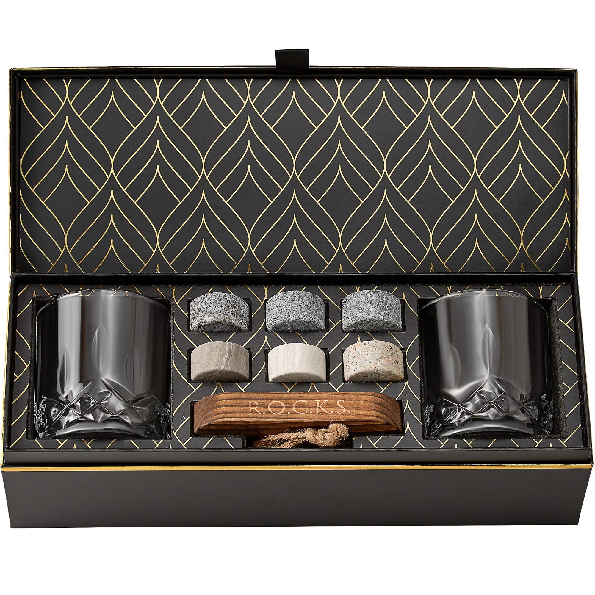 Whiskey Chilling Stones Gift Set - 6 Handcrafted Premium Granite Round Sipping Rocks - 2 Crystal Glass Tumblers - Hardwood Presentation & Storage Tray - Elegant Gold Foil Gift Box by R.O.C.K.S.