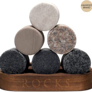 Whiskey Chilling Stones Gift Set - 6 Handcrafted Premium Granite Round Sipping Rocks - 2 Crystal Glass Tumblers - Hardwood Presentation & Storage Tray - Elegant Gold Foil Gift Box by R.O.C.K.S.