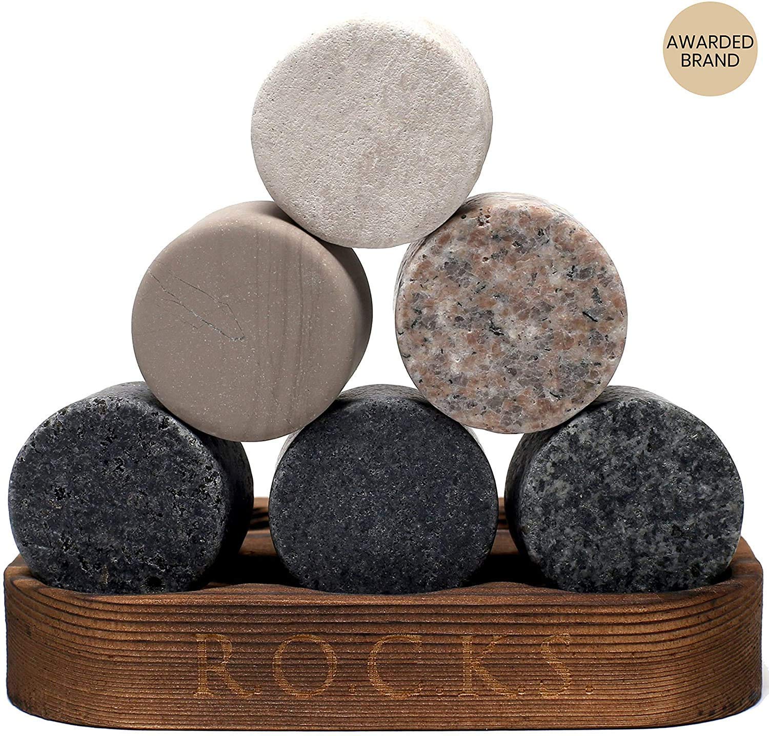 Whiskey Chilling Stones Gift Set - 6 Handcrafted Premium Granite Round Sipping Rocks - 2 Crystal Glass Tumblers - Hardwood Presentation & Storage Tray - Elegant Gold Foil Gift Box by R.O.C.K.S.