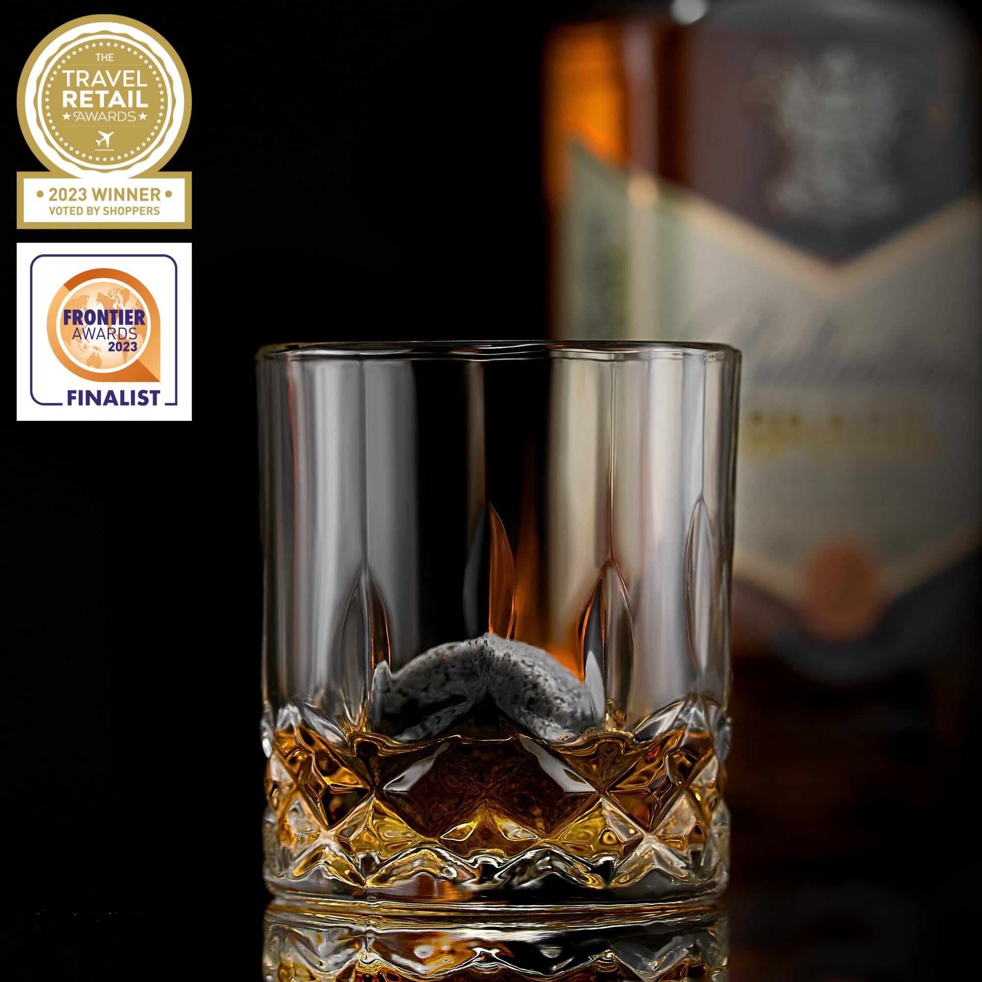 Whiskey Chilling Stones Gift Set - 6 Handcrafted Premium Granite Round Sipping Rocks - 2 Crystal Glass Tumblers - Hardwood Presentation & Storage Tray - Elegant Gold Foil Gift Box by R.O.C.K.S.