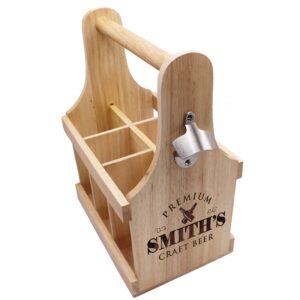 Custom Personalized Wooden 6 Pack Beer Caddy Carrier with Stainless Steel Opener