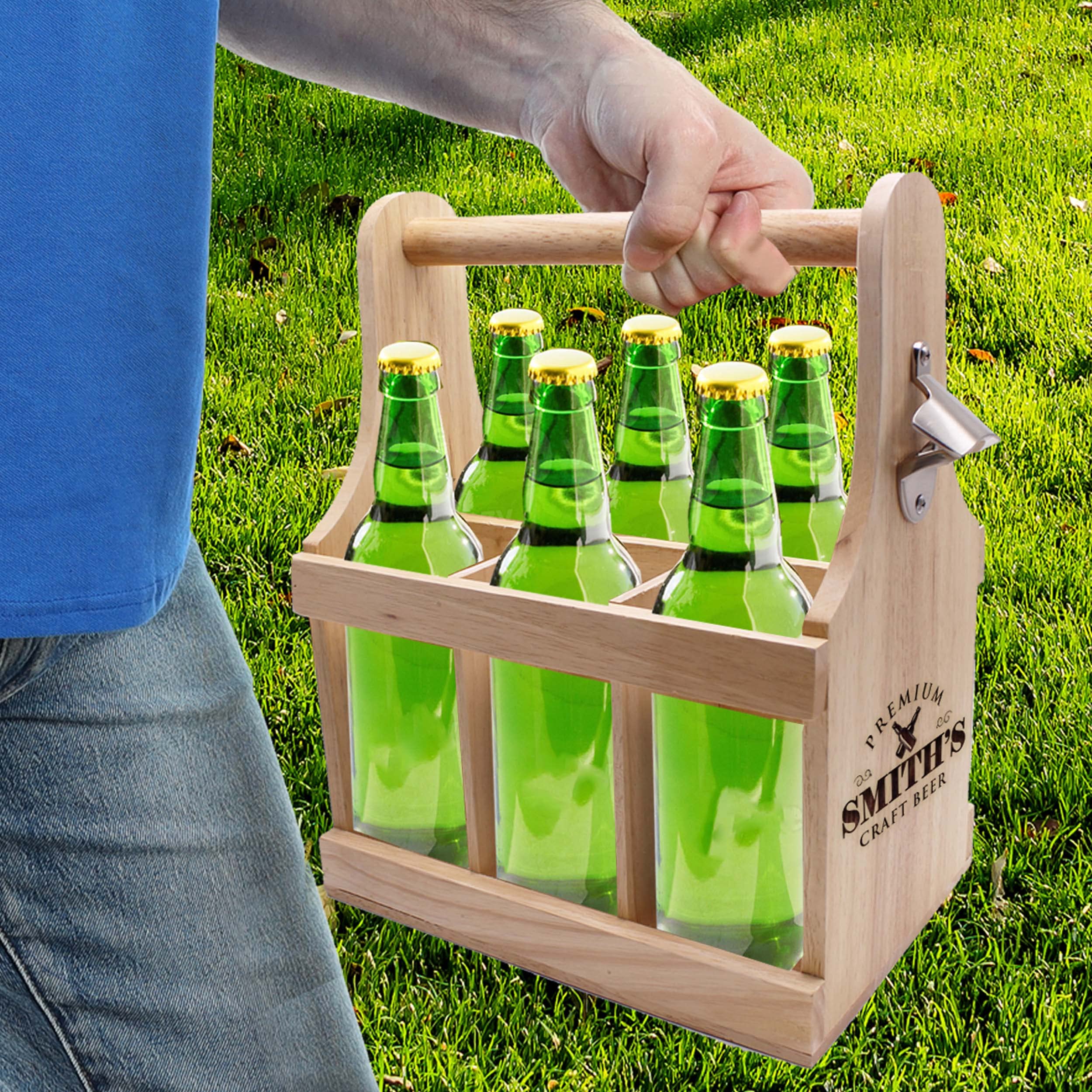 Custom Personalized Wooden 6 Pack Beer Caddy Carrier with Stainless Steel Opener