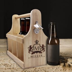 Custom Personalized Wooden 6 Pack Beer Caddy Carrier with Stainless Steel Opener