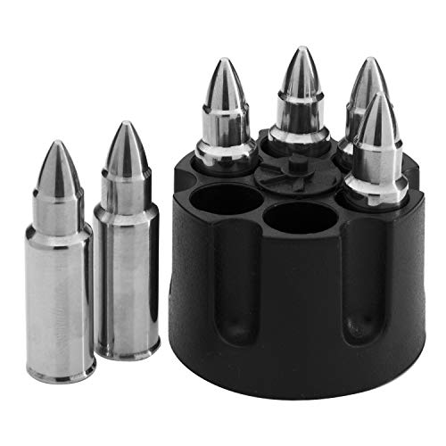 Whiskey Stones Bullets Stainless Steel - 1.75in Bullet Chillers Set of 6 Inside Realistic Revolver - Freezer Base, Made w/Premium Stainless Steel, Large Reusable Chilling Ice Cube, Good for Whiskey