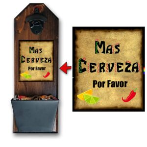 Mas Cerveza Wall Mounted Bottle Opener and Cap Catcher - Handcrafted by a Vet - 100% Solid Pine 3/4 inch Thick - Rustic Cast Iron Bottle Opener and Galvanized Bucket - To Empty, Twist the Bucket