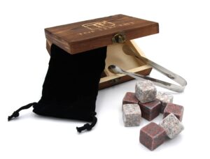 whiskey stone gift box set with 9 premium granite stones (won't water down your drink!), wood box, velvet carrying bag and tongs (natural red)