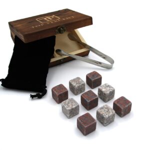 Whiskey Stone Gift Box set with 9 Premium Granite Stones (Won't Water Down Your Drink!), Wood Box, Velvet Carrying Bag and Tongs (Natural Red)