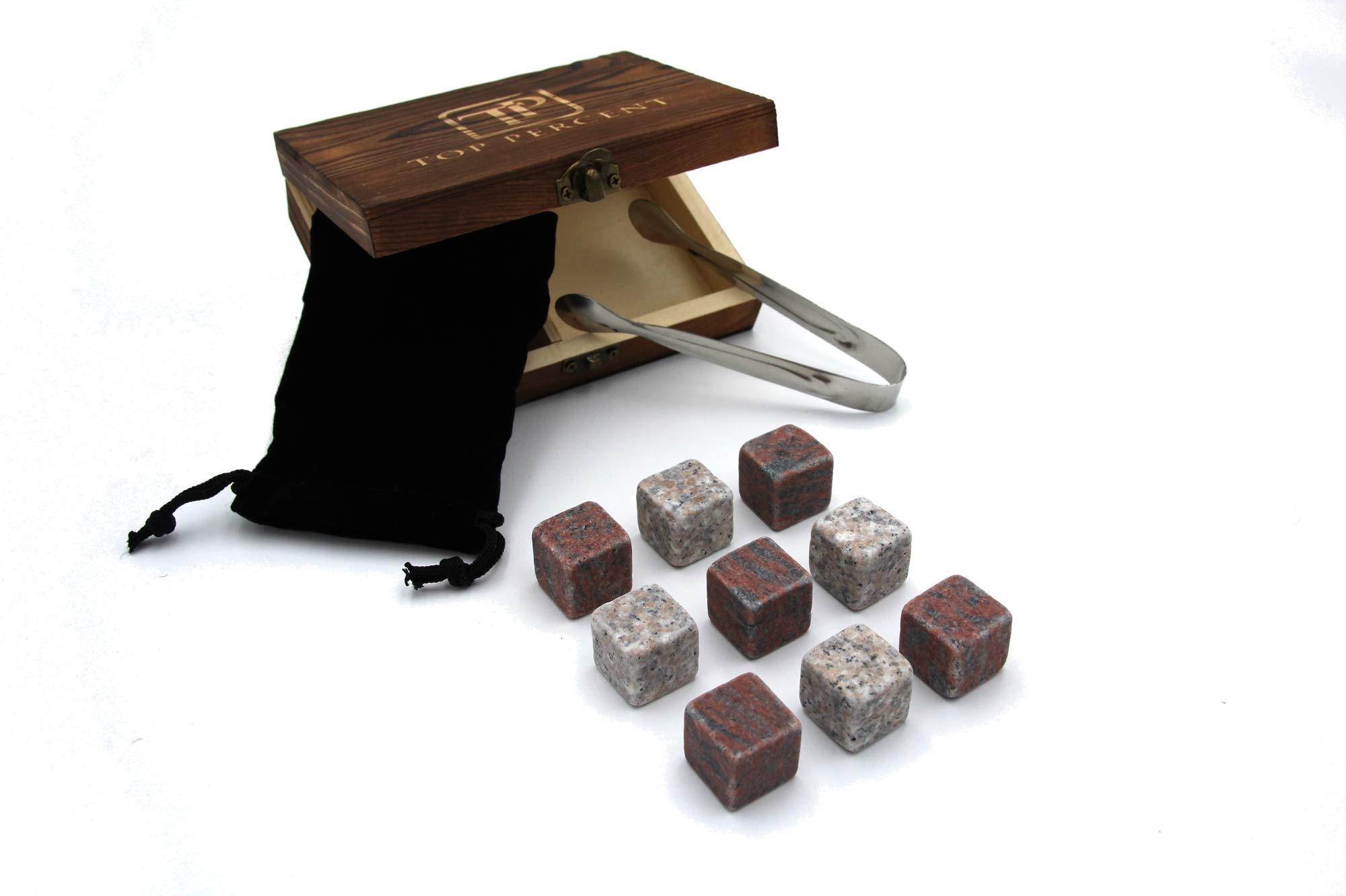 Whiskey Stone Gift Box set with 9 Premium Granite Stones (Won't Water Down Your Drink!), Wood Box, Velvet Carrying Bag and Tongs (Natural Red)