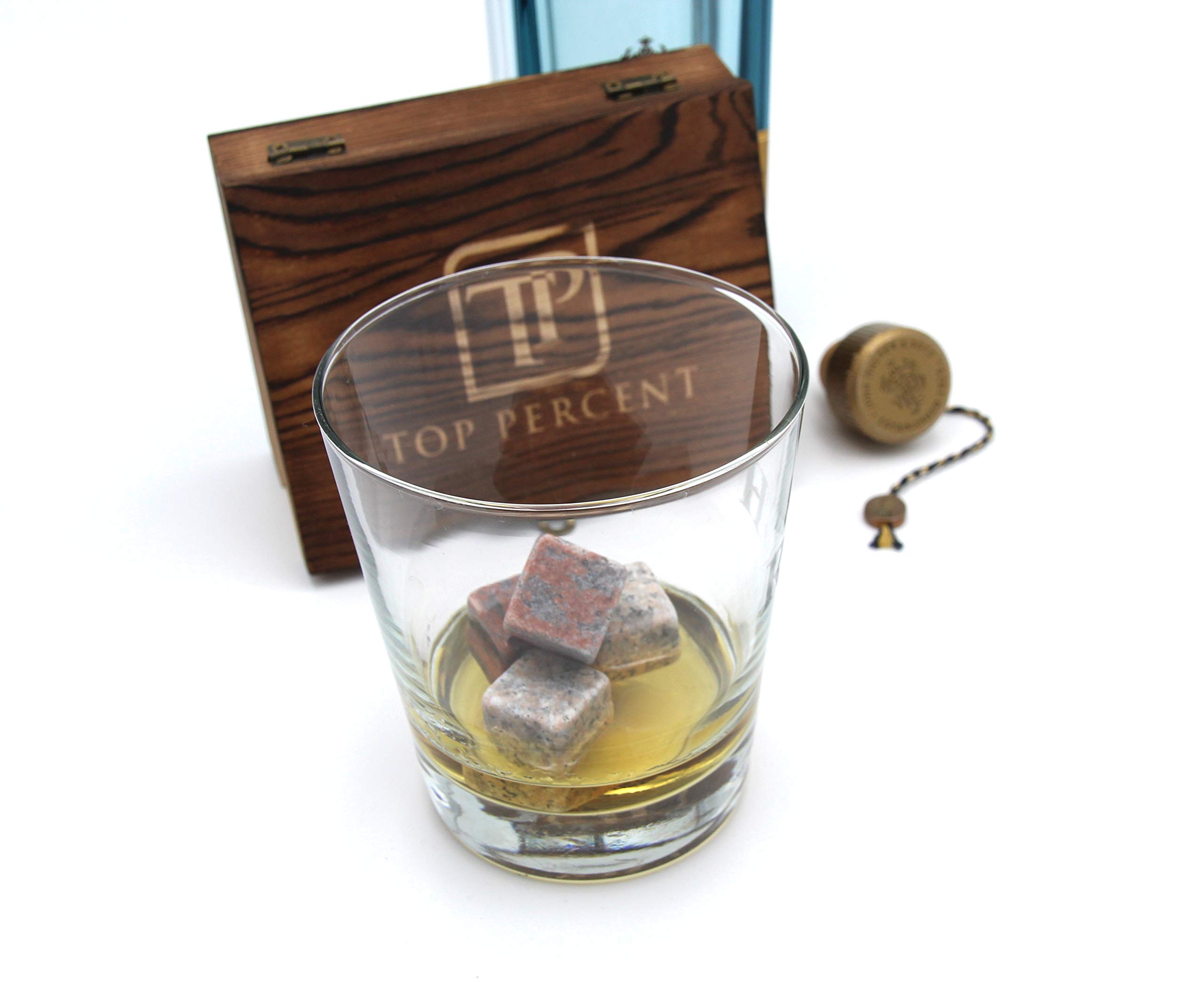 Whiskey Stone Gift Box set with 9 Premium Granite Stones (Won't Water Down Your Drink!), Wood Box, Velvet Carrying Bag and Tongs (Natural Red)