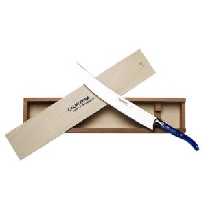 california champagne saber company - electric blue - handmade sword made in laguiole french style - packaged in elegant pinewood crate - luxurious champagne knife bottle opener