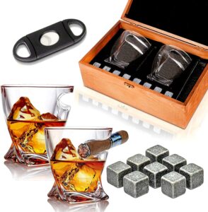 bezrat whiskey cigar glasses gift set - with side mounted cigar rest - whisky chilling stones and accessories in wooden box - scotch bourbon christmas gift for dad, husband, fathers day, birthday