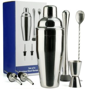 arora barware set - 6pc - stainless steel - professional bar tools for drink mixing, home, bar, party, silver, 24oz (851111)