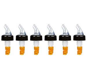 (pack of 6) measured liquor bottle pourers, 0.5 oz, clear spout bottle pourer with orange tail and black collar, measured pour spouts by tezzorio