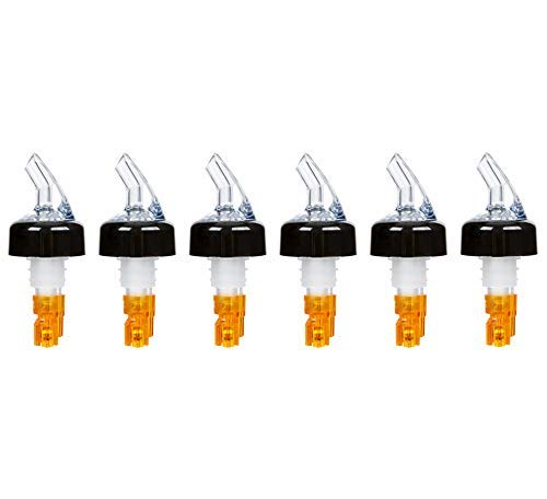 (Pack of 6) Measured Liquor Bottle Pourers, 0.5 oz, Clear Spout Bottle Pourer with Orange Tail and Black Collar, Measured Pour Spouts by Tezzorio