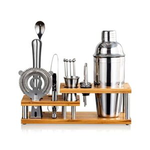 cocktail shaker set bartender kit with stand,17-piece stainless steel bar kit drink mixer set, including martini shaker, jigger, strainer, mixer spoon, muddler, liquor pourers, and recipes booklet etc